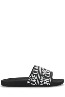 Versace Jeans Couture men’s black slide sandal with bold white logo branding across the strap