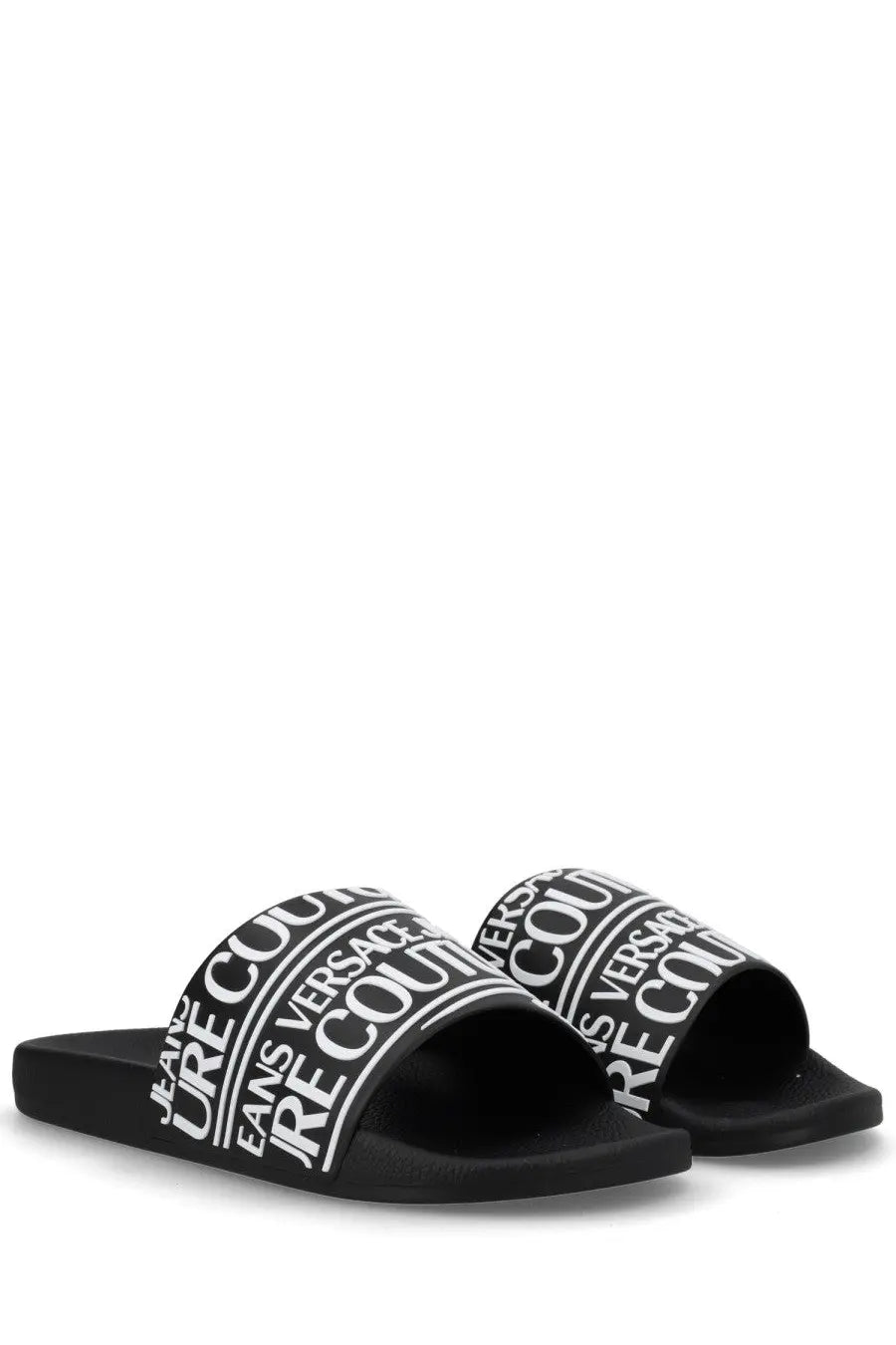 Versace Jeans Couture men’s black slide sandals with bold white logo band for casual wear