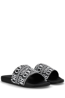 Versace Jeans Couture men’s black slide sandals with bold white logo band for casual wear