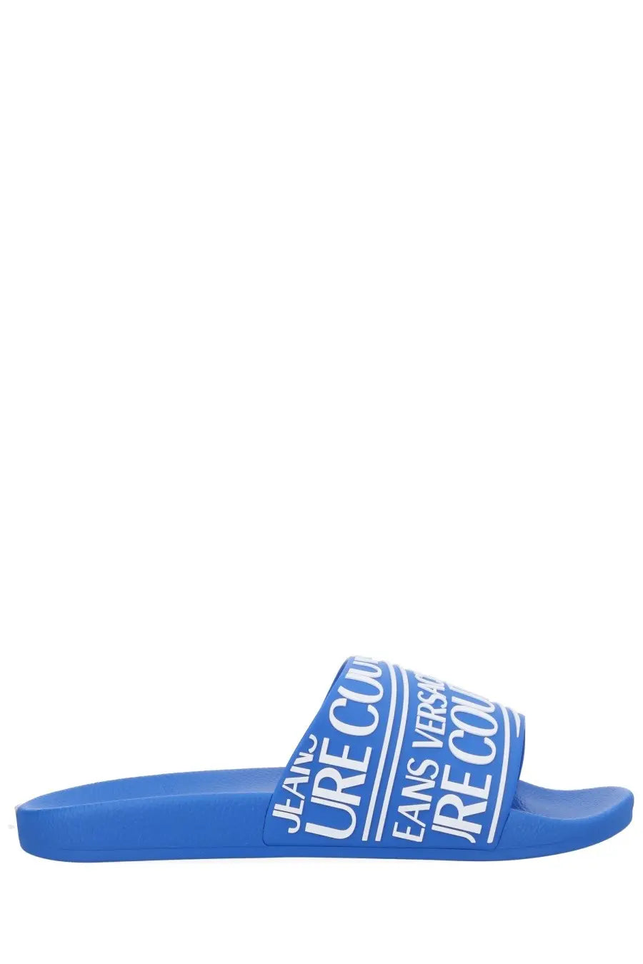 Blue jean paul gaultier slide sandal with white logo branding in versace jeans couture men’s blue slides