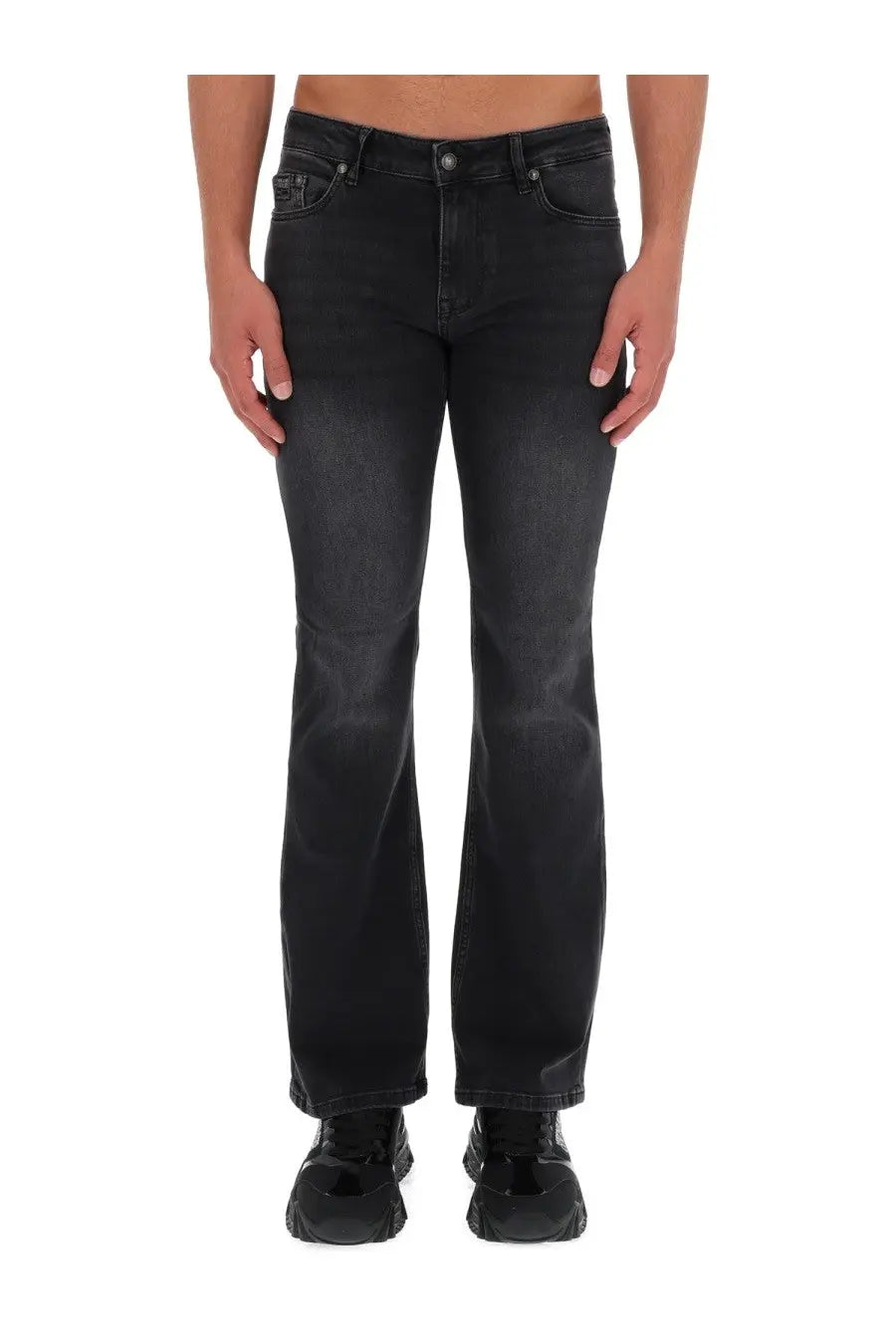 Versace jeans couture men’s black denim jeans with faded wash and flared legs front view