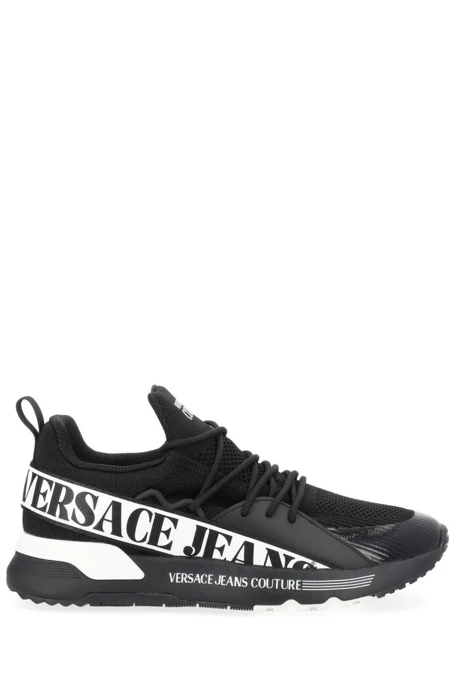 Versace Jeans Couture men’s sneaker con black with bold white logo stripe and mesh upper for stylish casual wear