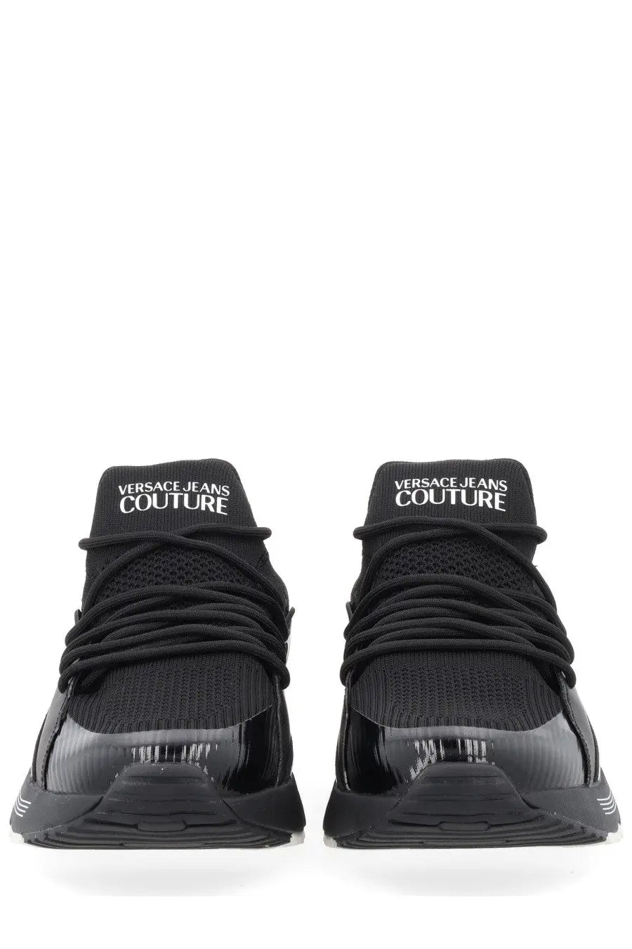 Versace jeans couture men’s sneaker con black with mesh upper and glossy black toe cap accents