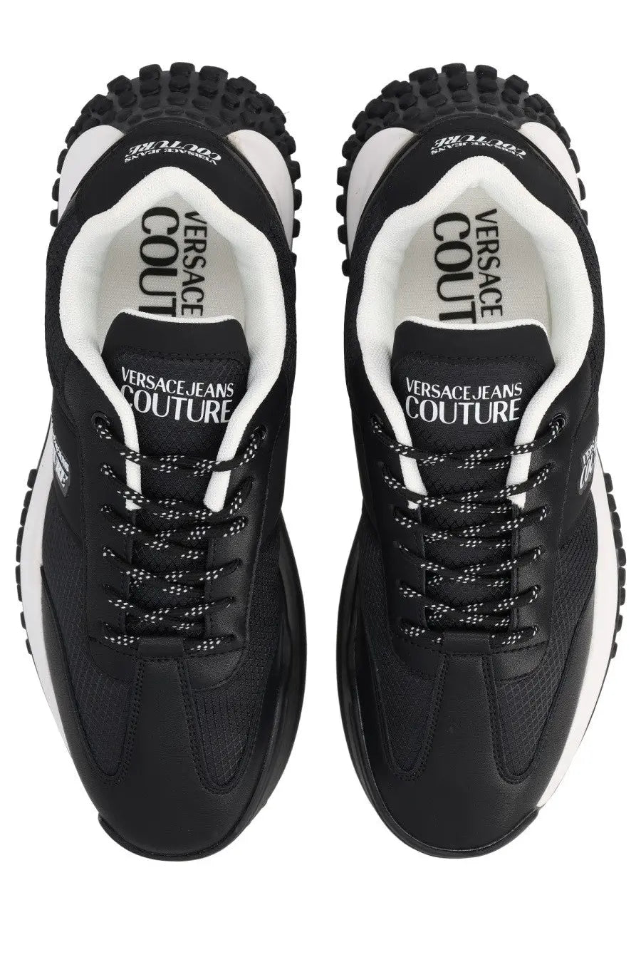 Versace Jeans Couture men’s sneaker con black with black and white mesh upper chunky rubber sole and bold tongue branding