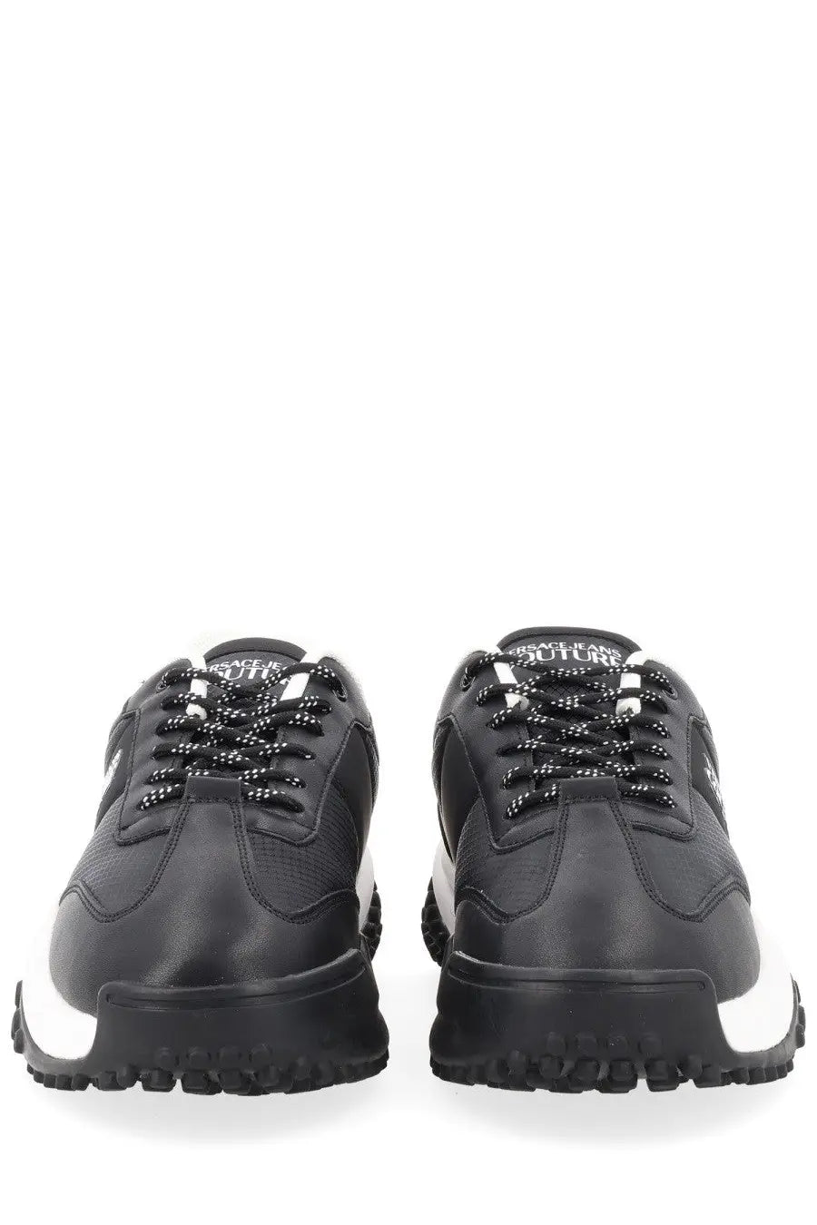 Versace Jeans Couture men’s sneaker con black in black and white with sleek leather upper bold rubber sole and contrasting laces