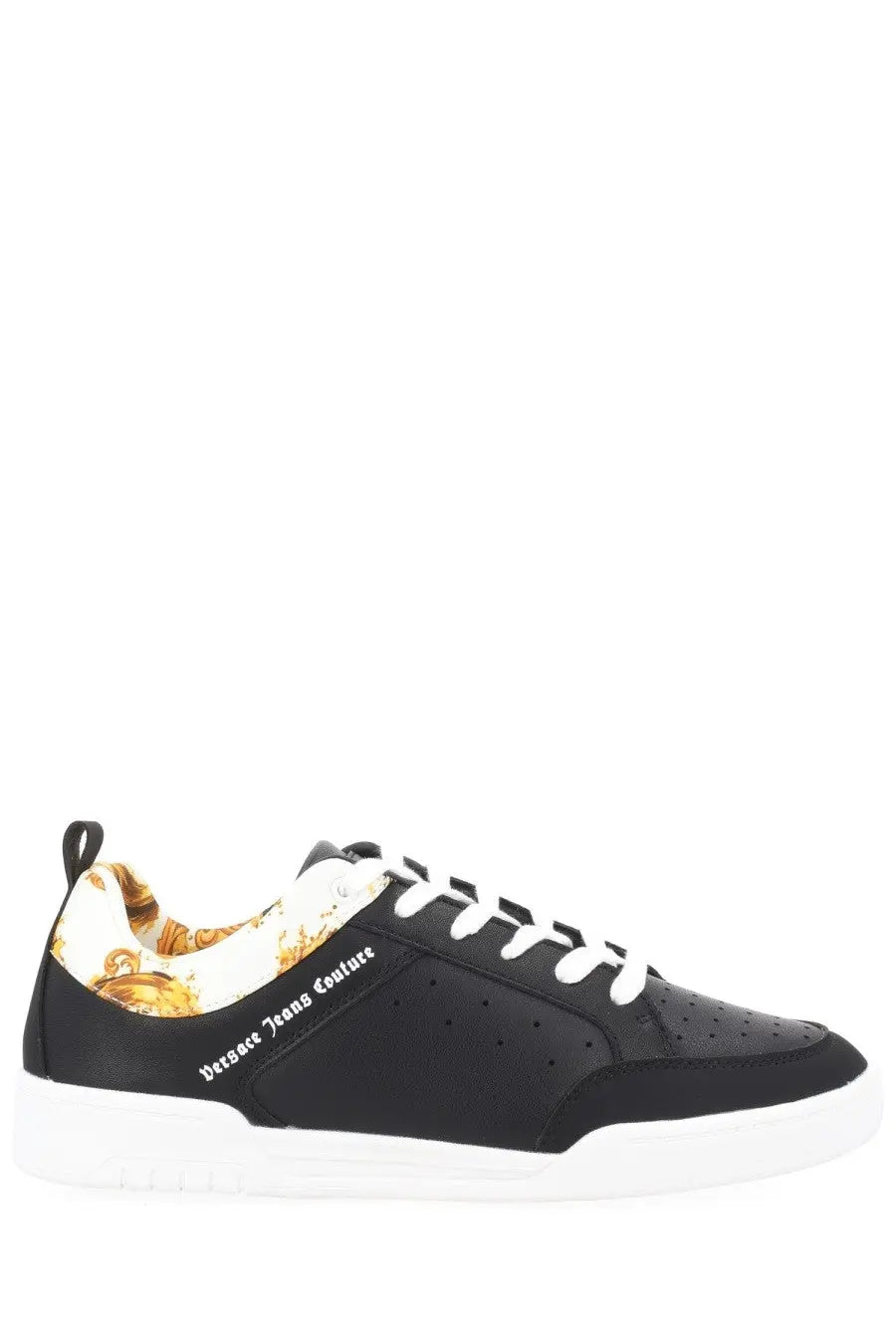 Versace Jeans Couture men’s sneaker black with white laces and gold baroque patterned lining