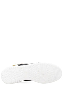 Black high-top Versace Jeans Couture men’s sneaker with white rubber sole and gold-tone zipper detail