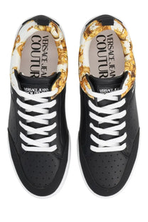 Versace Jeans Couture men’s black leather sneakers with white laces and gold baroque pattern interior lining