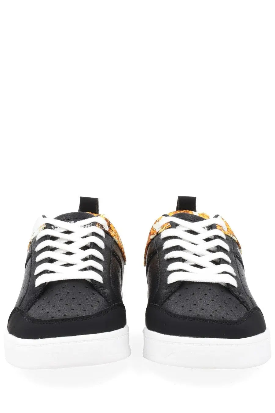 Versace jeans couture men’s black leather sneakers with white laces perforated detailing and gold-toned collar pattern