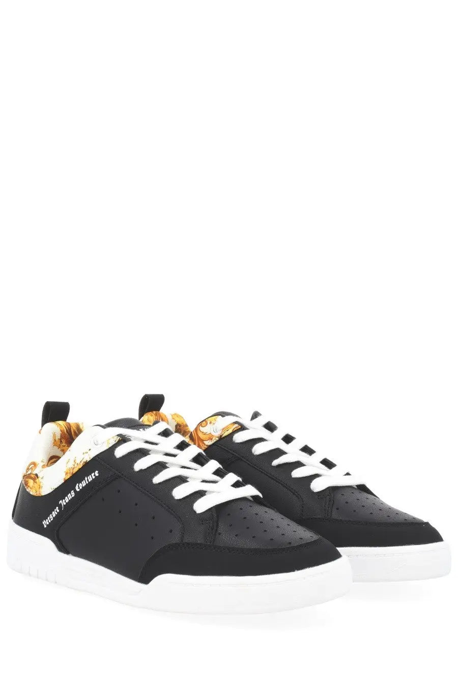 Versace Jeans Couture men’s black low-top sneaker with white laces and gold-patterned lining featuring logo on side