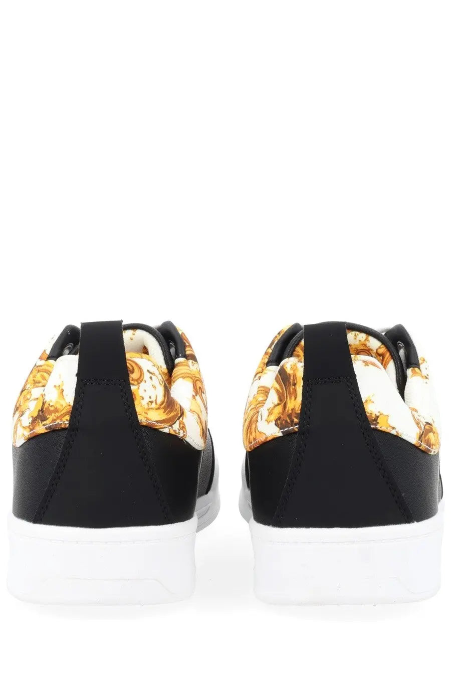 Versace jeans couture men’s black low-top sneakers with vibrant gold baroque pattern on the upper