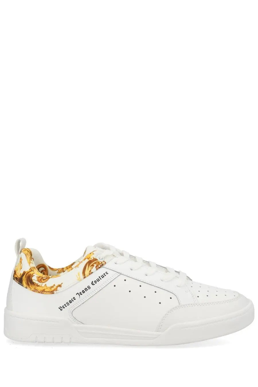 Versace jeans couture men’s white leather sneaker with gold baroque pattern on the heel and branded side detailing
