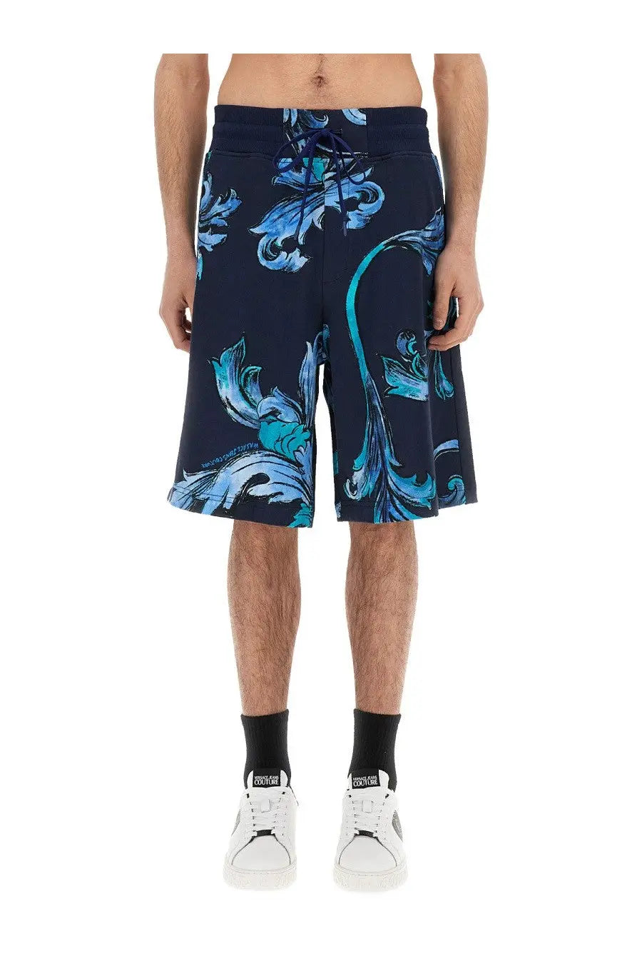 Versace Jeans Couture men’s navy blue sports shorts with turquoise and light blue baroque floral drawstring waistband