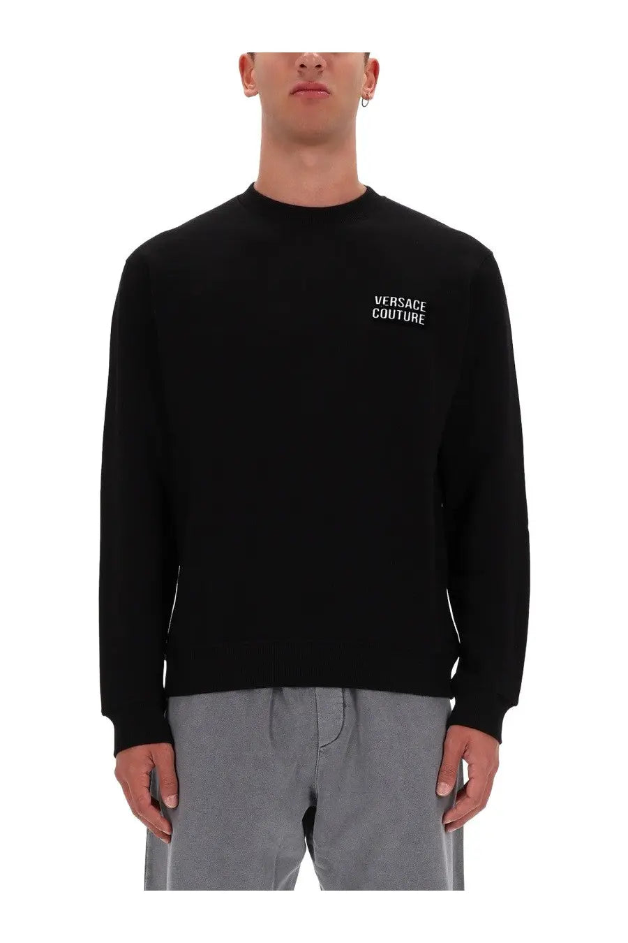 Versace jeans couture men’s black long-sleeved crewneck sweater with white embroidered logo on left chest