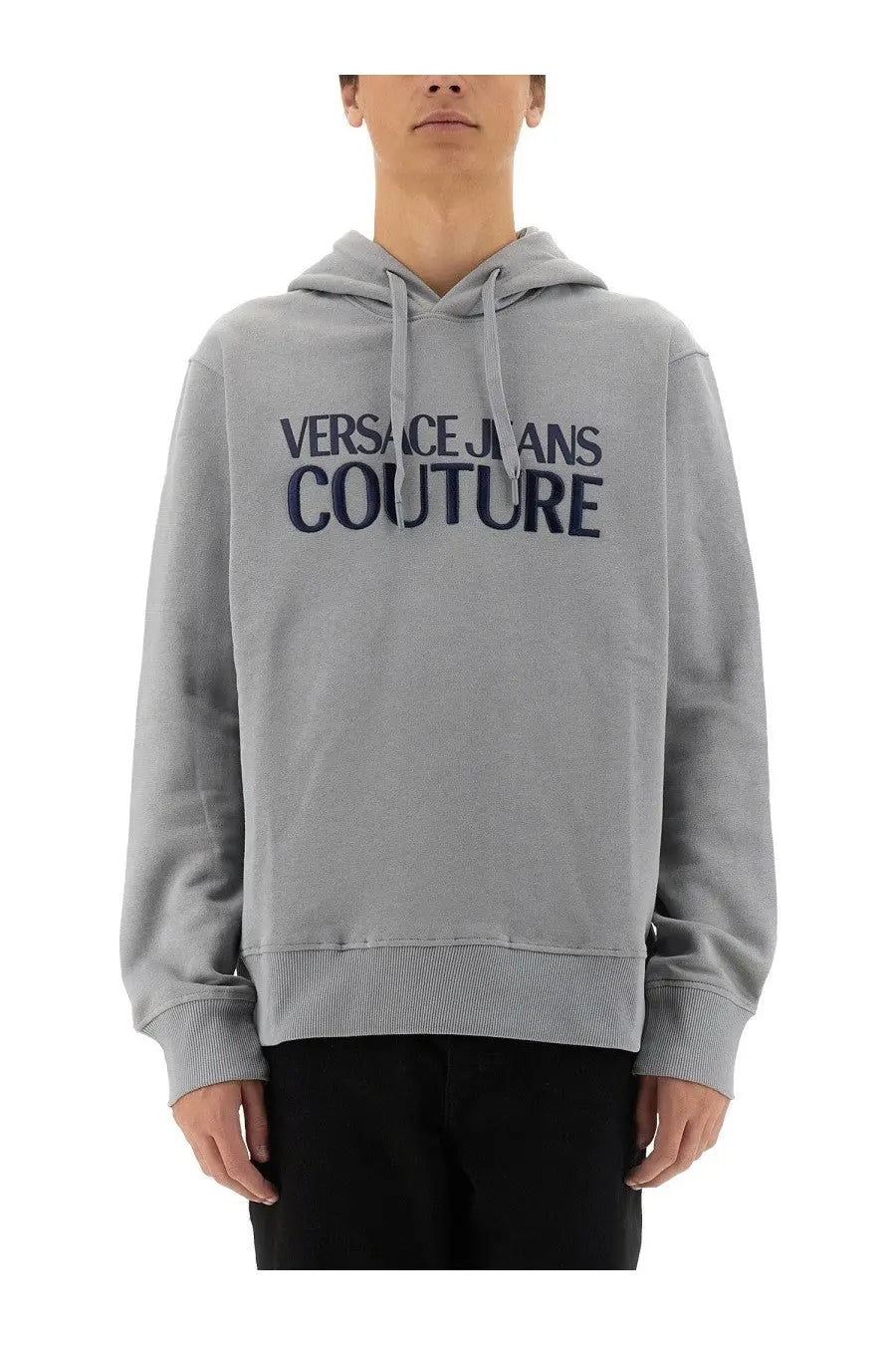 Versace jeans couture men’s grey sweatshirt with bold navy blue embroidered lettering across the chest