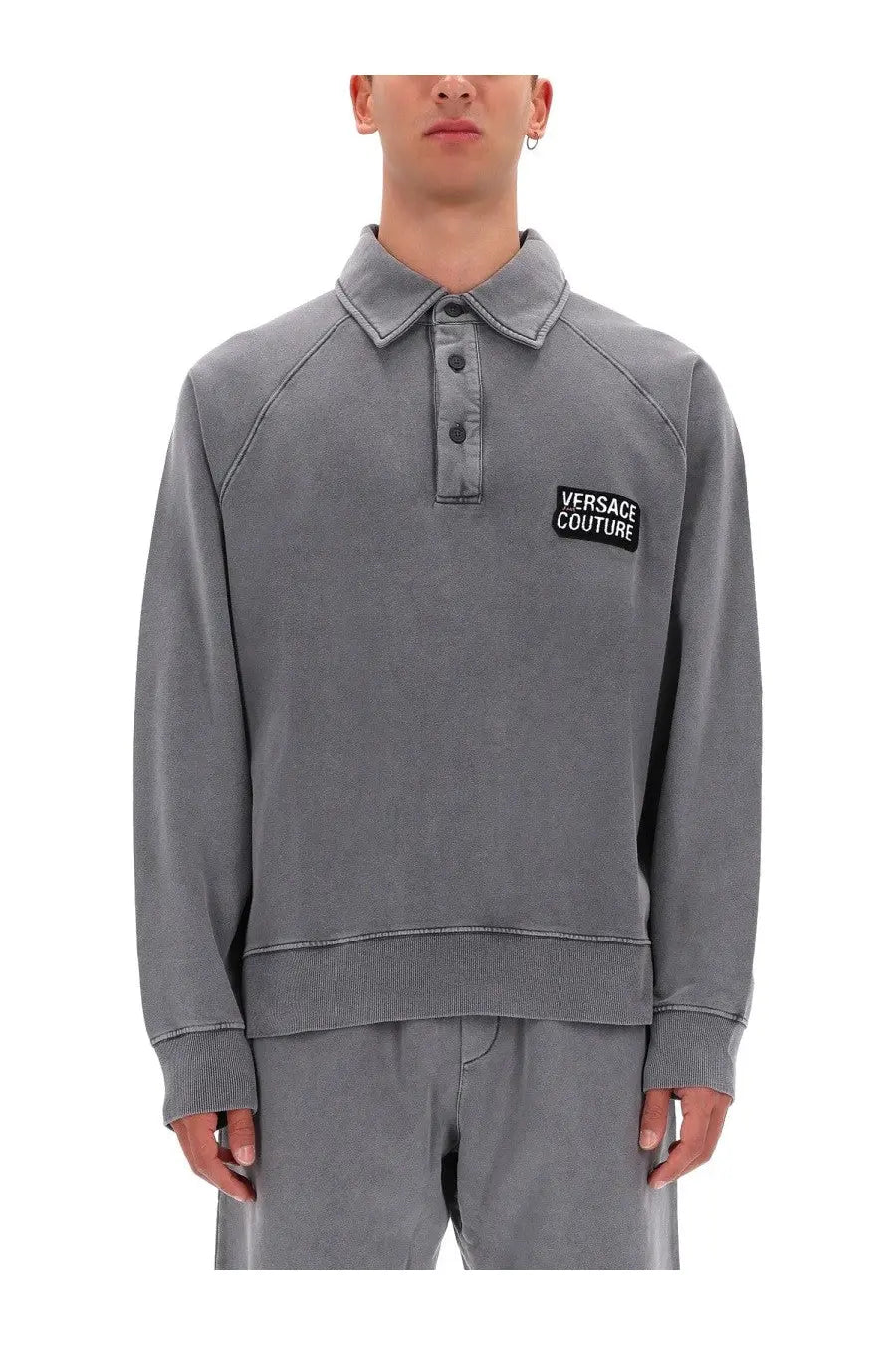 Versace Jeans Couture men’s gray polo style sweatshirt with black embroidered logo patch on the chest