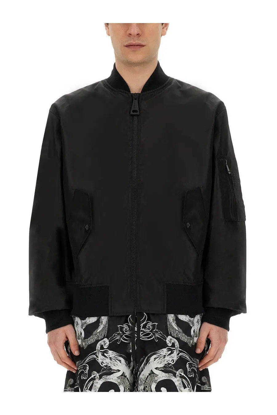 Versace Jeans Couture men’s black bomber jacket with sleek matte finish and subtle contrast stitching in technical fabric