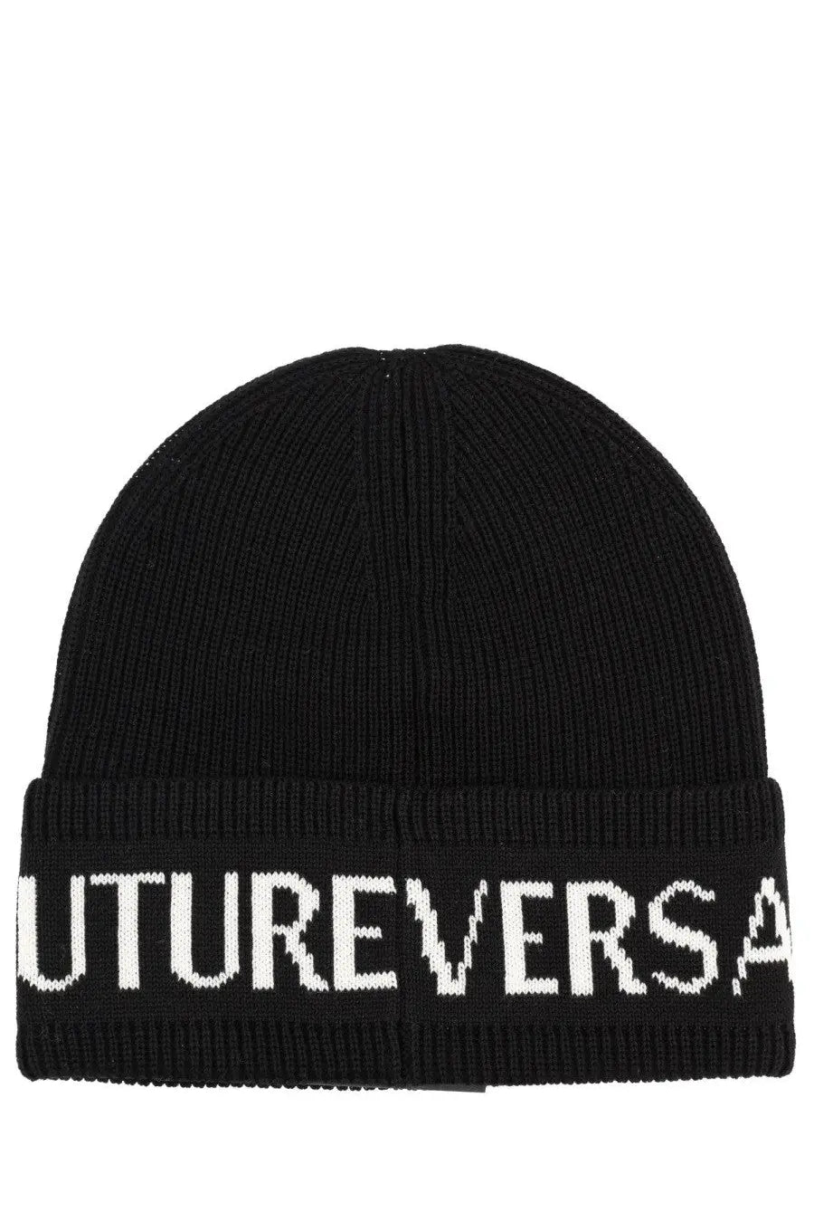 Versace jeans couture men’s black wool and acrylic beanie with white futureversace lettering around the cuff