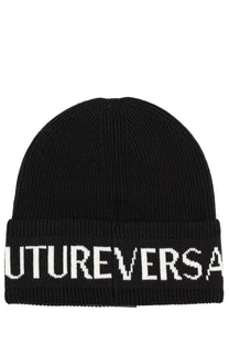 Versace jeans couture men’s black wool and acrylic beanie with white futureversace lettering around the cuff