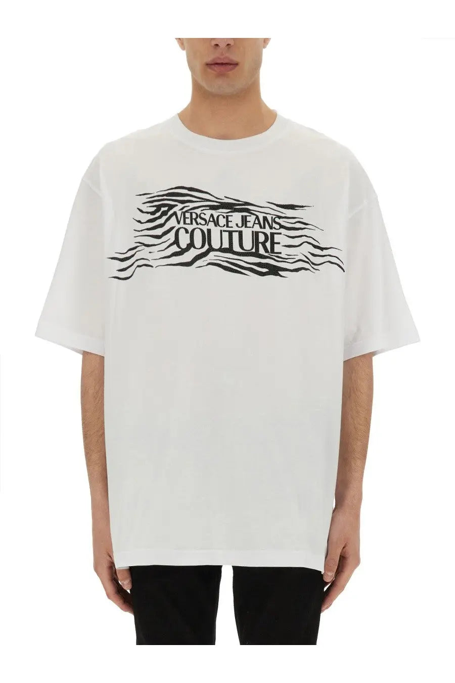 White oversized versace jeans couture t shirt with bold black logo and zebra stripe wave design for men