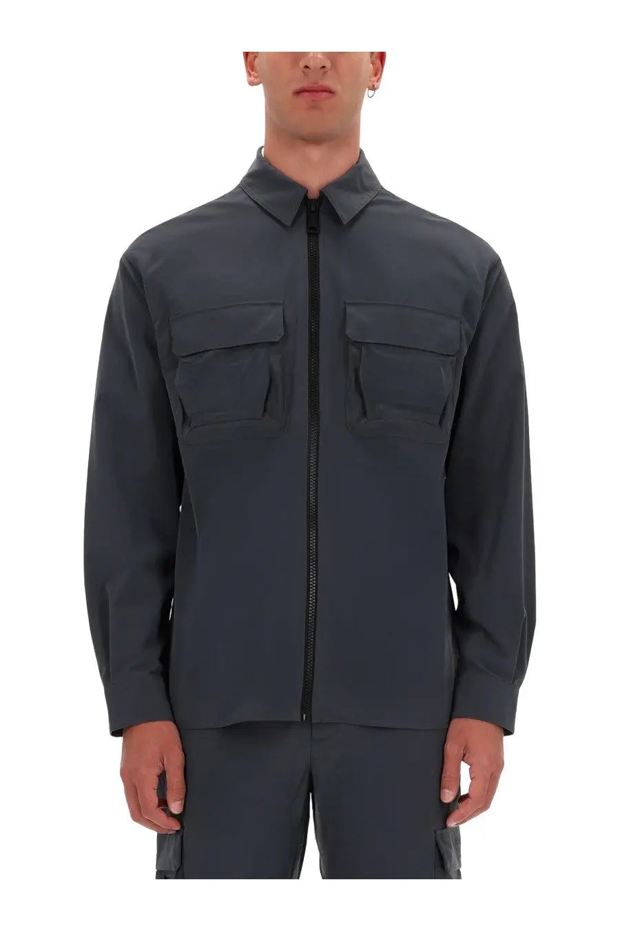 Versace jeans couture men’s dark gray long-sleeved utility shirt with collar and front zipper