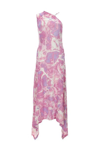 Versace Jeans Couture women’s flowing one-shoulder pink and lavender abstract print maxi dress with high-low hemline