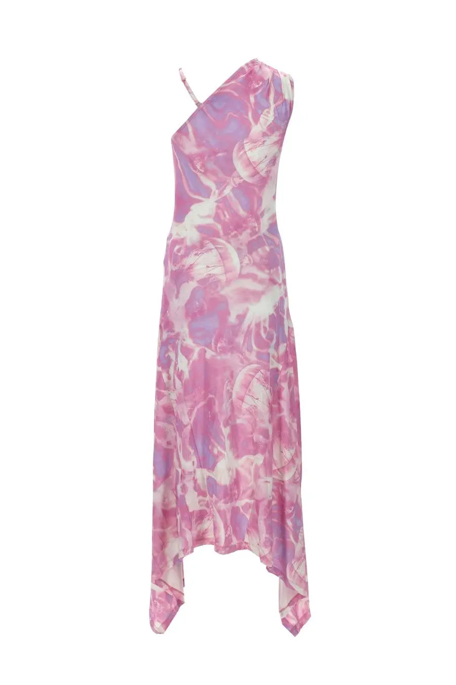 Versace Jeans Couture women’s flowing one-shoulder maxi dress in vibrant pink and lavender abstract print lightweight fabric