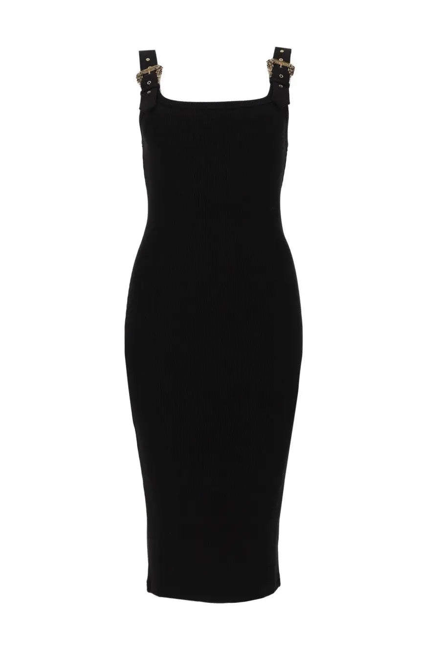 Versace Jeans Couture women’s black sleeveless midi dress with square neckline and metallic buckle straps