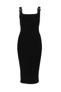 Versace Jeans Couture women’s black sleeveless midi dress with square neckline and metallic buckle straps