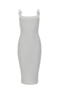 Versace Jeans Couture women’s abito tubino white sleek form-fitting dress with square shoulder straps and silver buckles