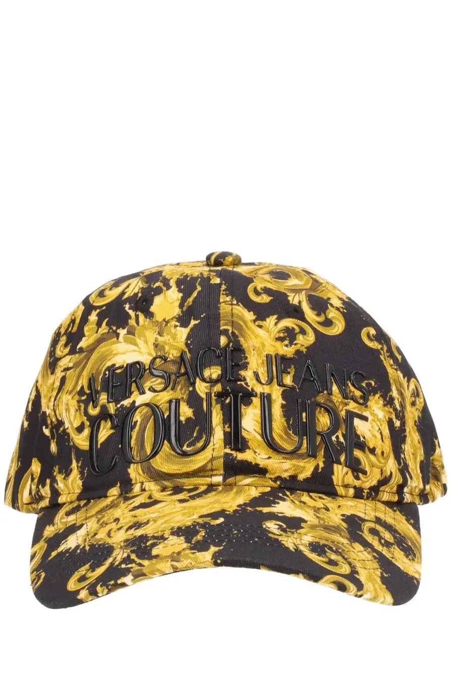 Versace Jeans Couture women’s black and gold baseball cap featuring an ornate baroque pattern