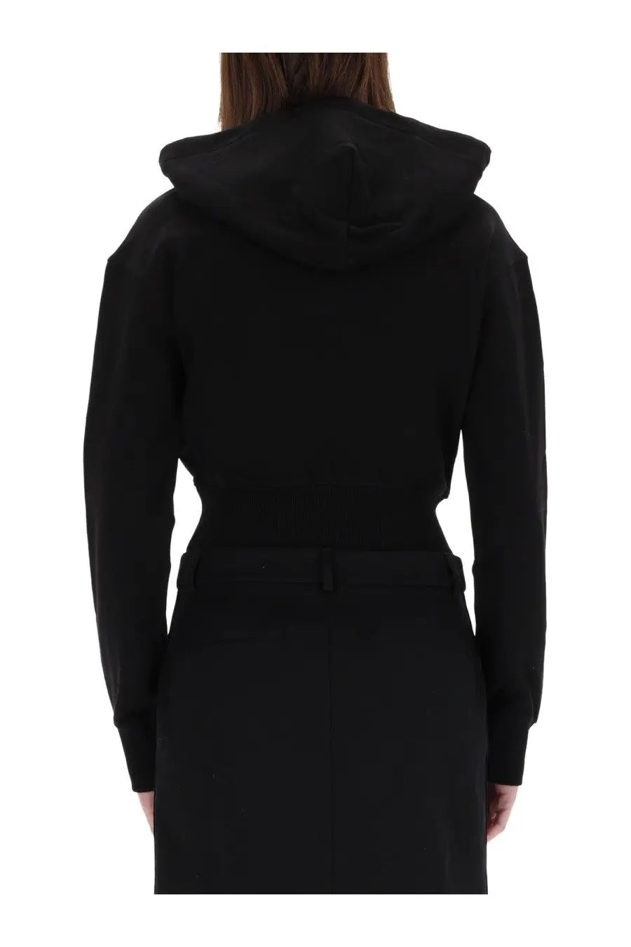 Versace jeans couture women’s cropped black hooded sweatshirt with fitted waistband and long sleeves