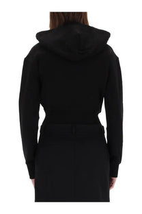 Versace jeans couture women’s cropped black hooded sweatshirt with fitted waistband and long sleeves