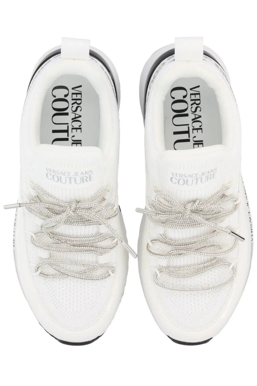 Versace Jeans Couture women’s dynamic sneaker white with silver metallic laces and white mesh upper material