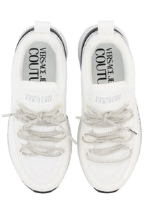 Versace Jeans Couture women’s dynamic sneaker white with silver metallic laces and white mesh upper material