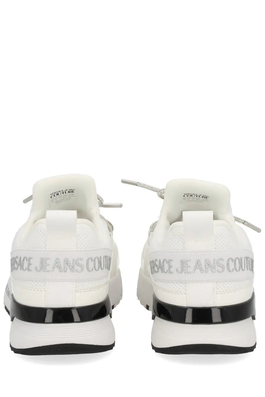 Versace Jeans Couture women’s dynamic sneaker white with black rubber accents and silver logo detailing