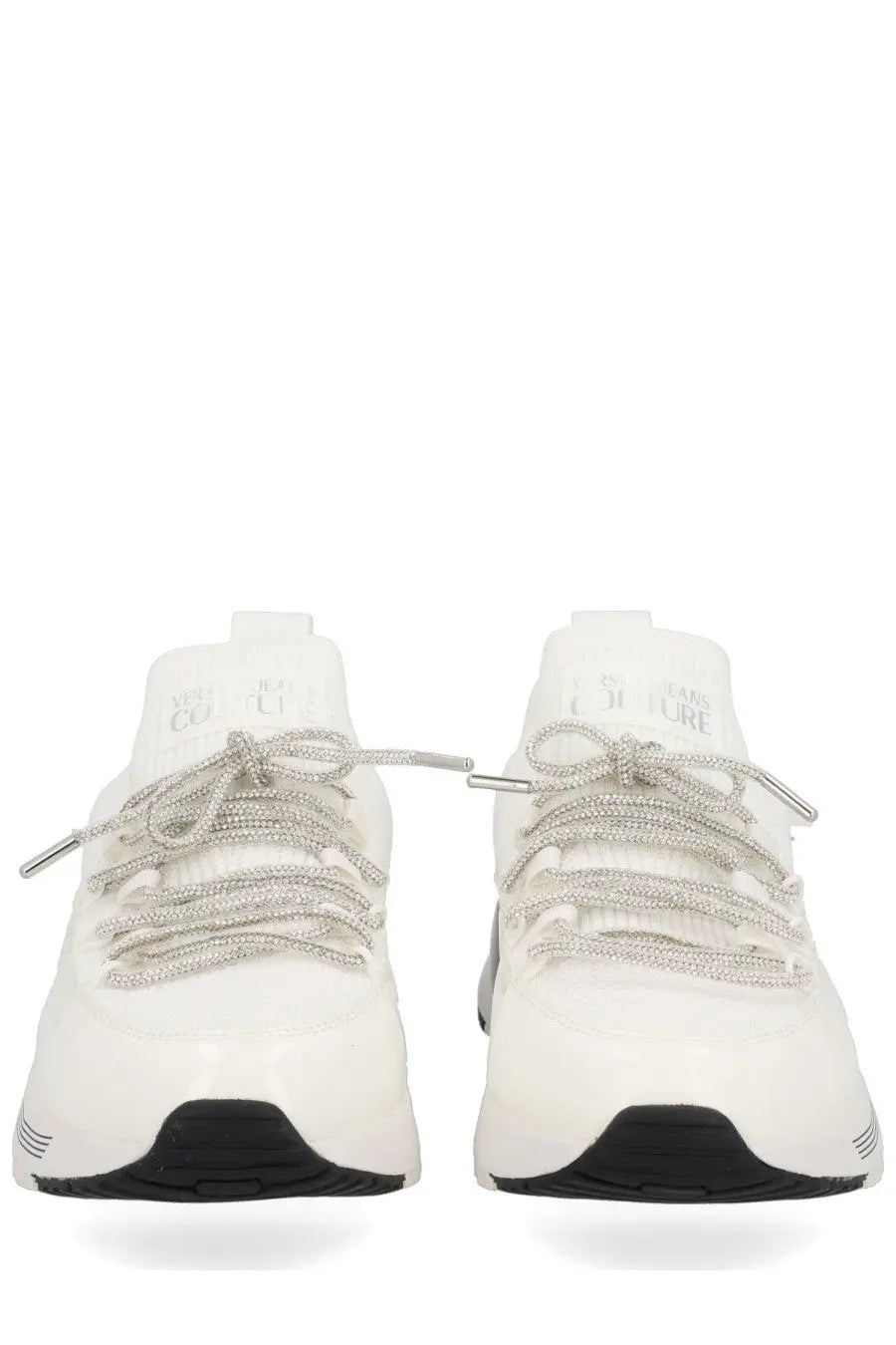 Versace Jeans Couture women’s dynamic sneaker white with silver metallic laces and black rubber soles in sleek design