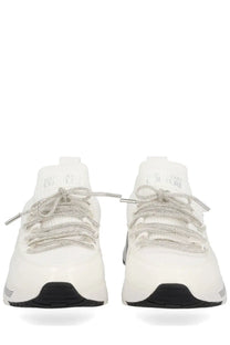 Versace Jeans Couture women’s dynamic sneaker white with silver metallic laces and black rubber soles in sleek design