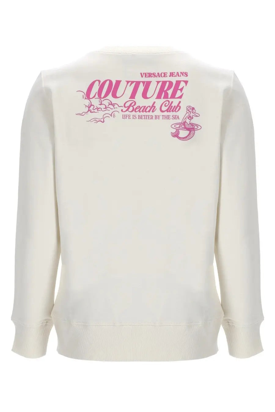 Versace Jeans Couture women’s cream long-sleeved sweatshirt with pink beach club graphic and mermaid illustration
