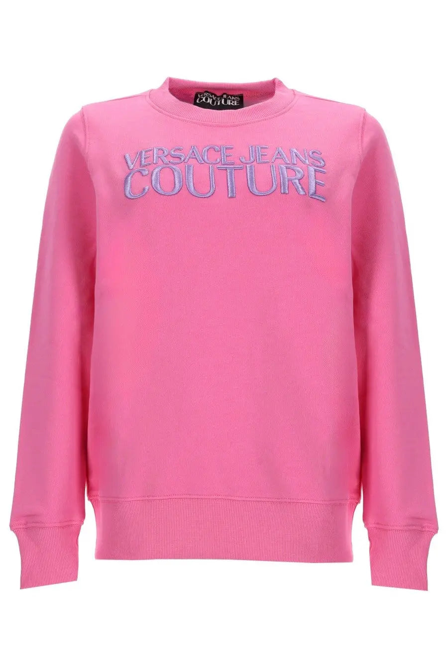 Versace jeans couture women’s sweatshirt in pink jersey cotton with embroidered light purple logo detailing