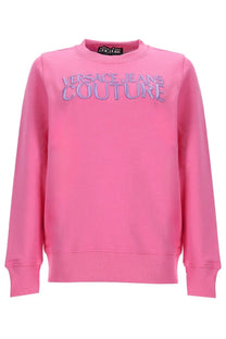 Versace jeans couture women’s sweatshirt in pink jersey cotton with embroidered light purple logo detailing