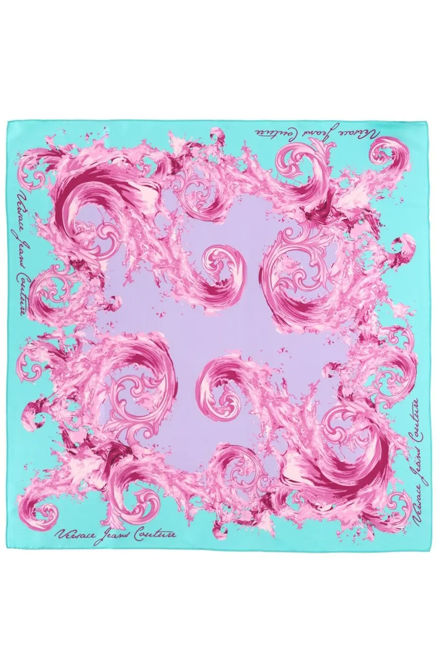 Versace jeans couture women’s foulard featuring a vibrant pink and turquoise silk baroque pattern with signature edges