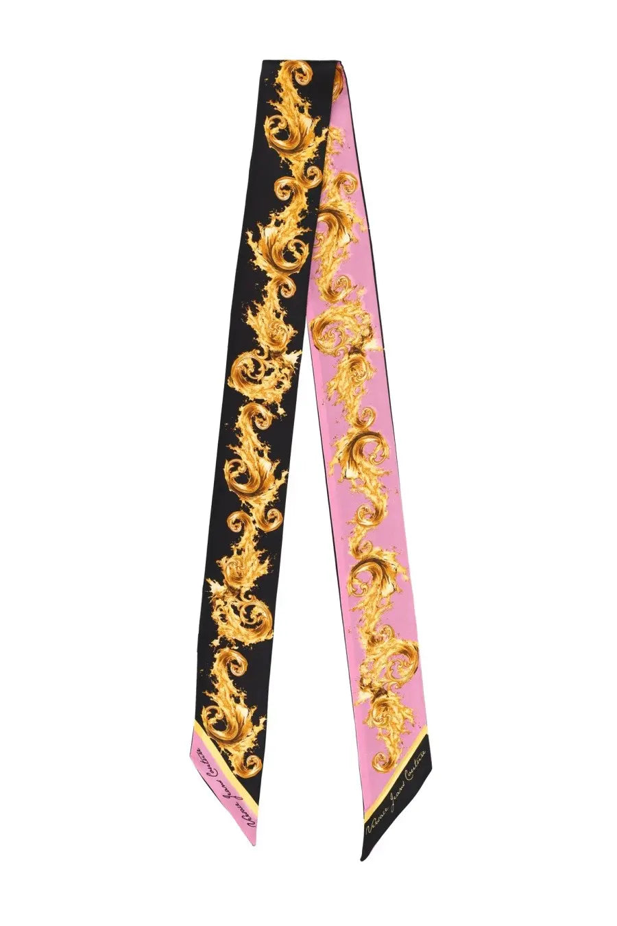 Versace jeans couture women’s foulard in seta black silk with pink and black tones and gold baroque patterns