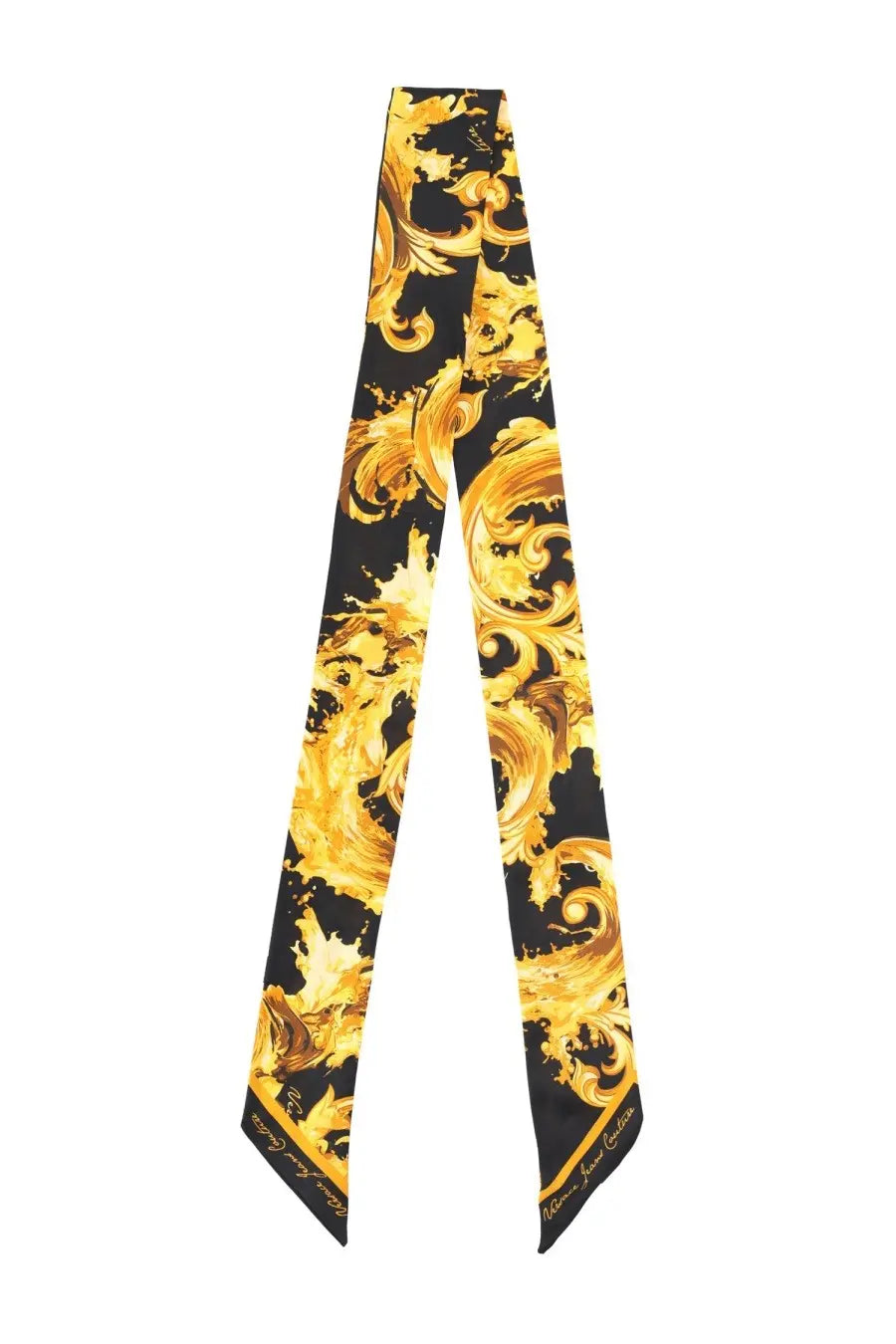 Versace jeans couture women’s foulard black silk scarf with intricate golden baroque patterns and branded edges