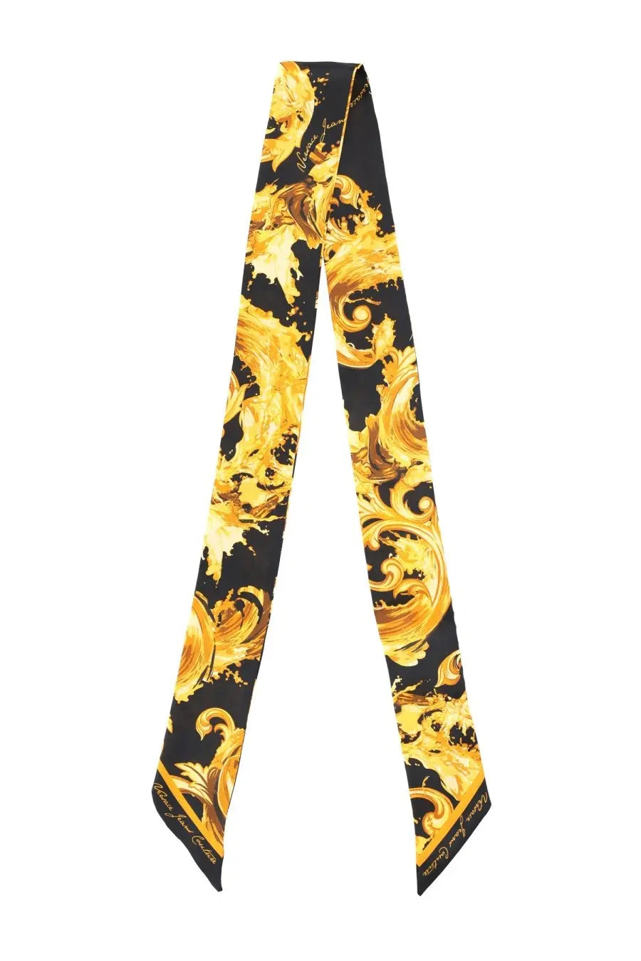 A luxurious black silk Versace Jeans Couture womens foulard with intricate golden baroque patterns and branded ends