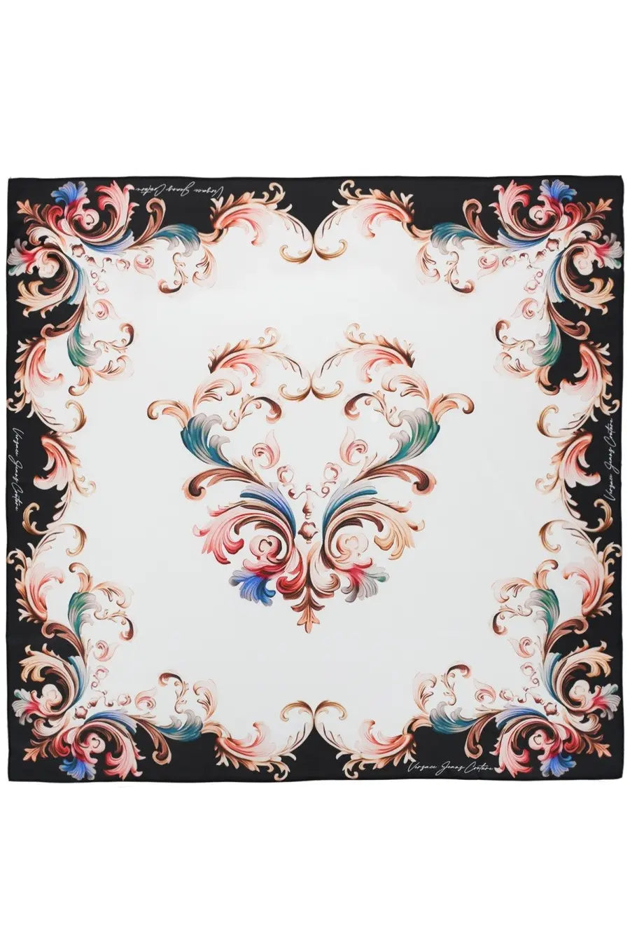 Versace Jeans Couture women’s silk foulard white square scarf with ornate pink blue and gold floral pattern and black borders