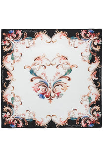 Versace Jeans Couture women’s silk foulard white square scarf with ornate pink blue and gold floral pattern and black borders