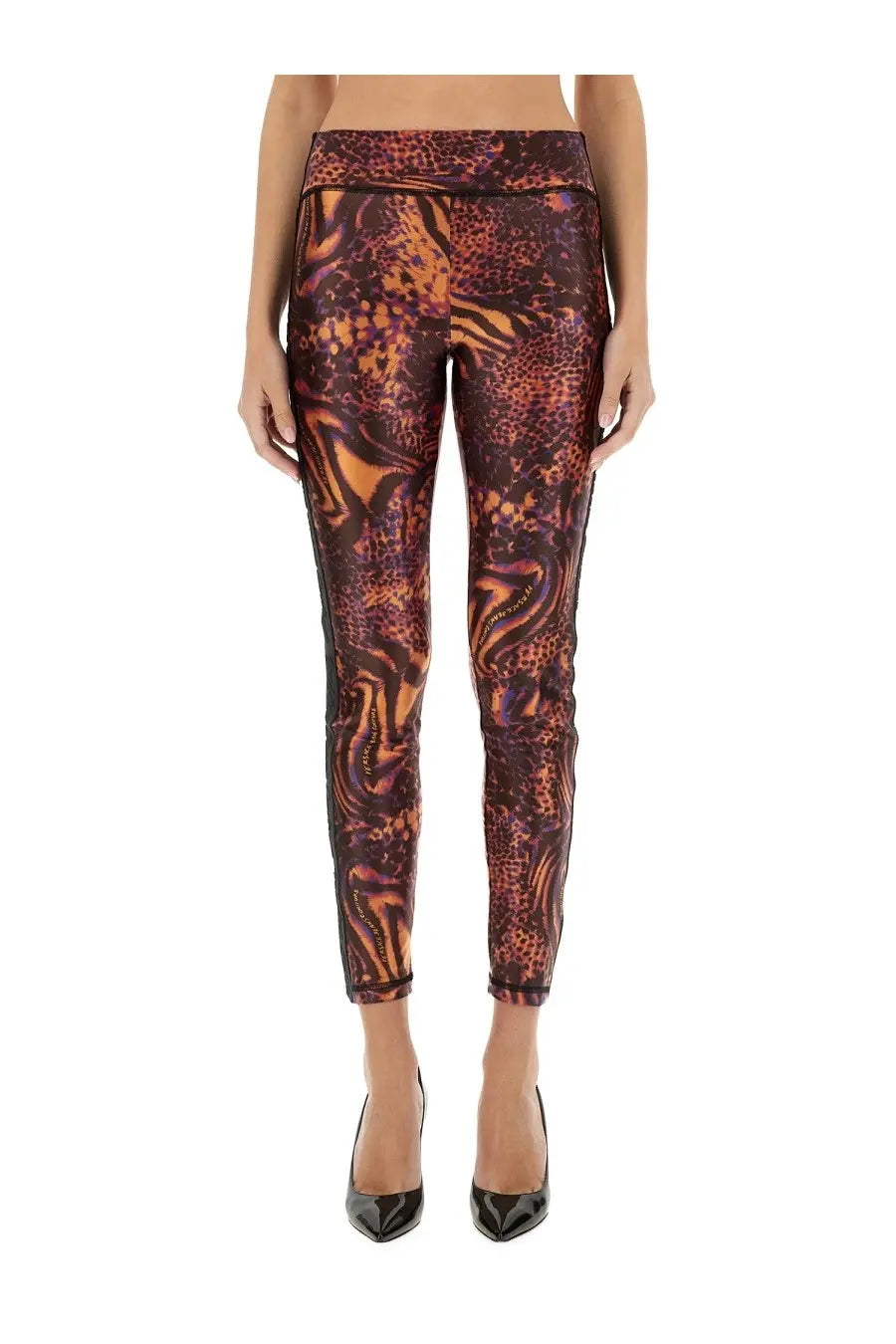 Versace Jeans Couture women’s fitted leggings with bold swirling orange and brown leopard spot pattern in multicolor
