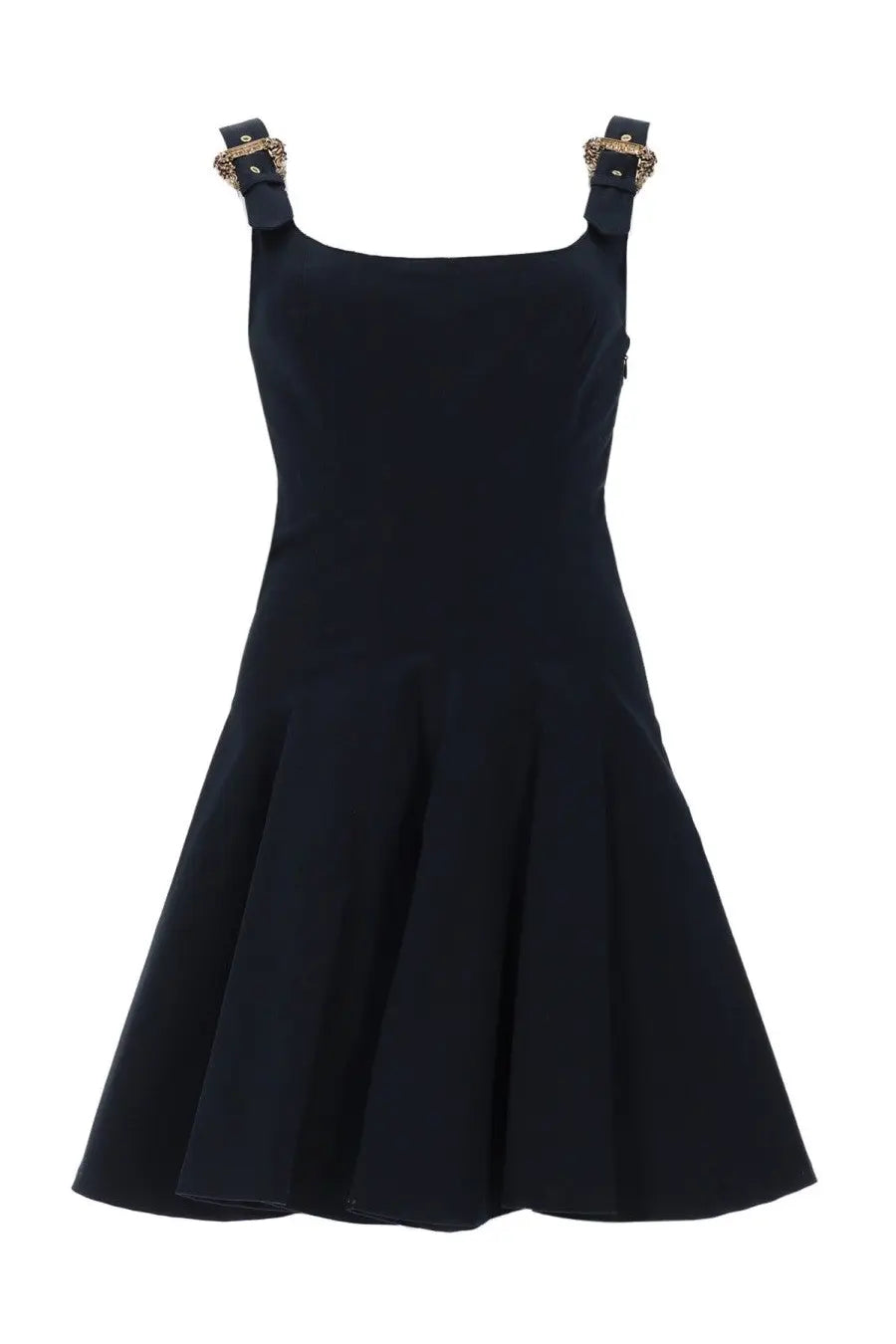 Versace Jeans Couture women’s black mini dress with gold-tone hardware on shoulder straps baroque style