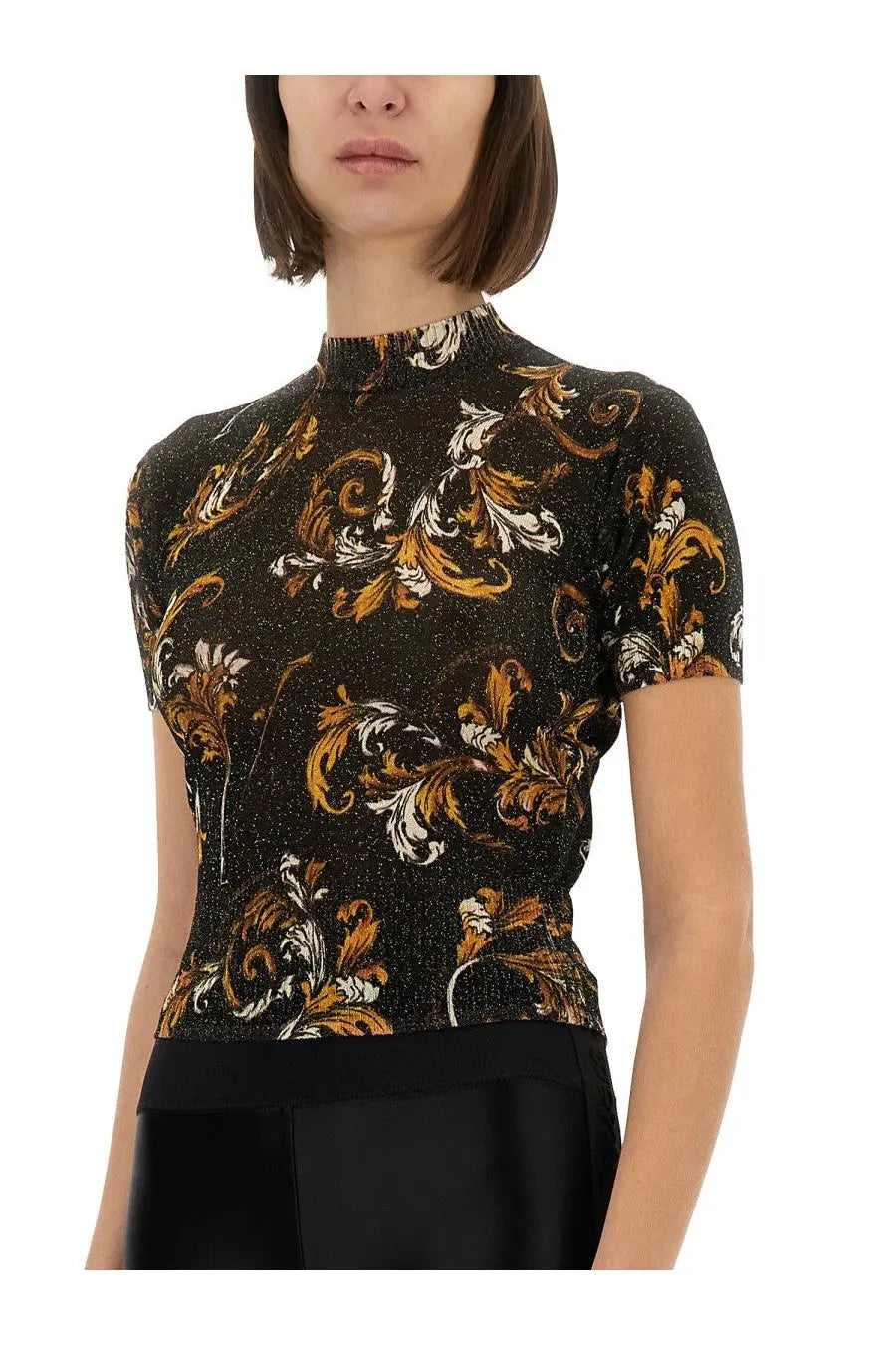 Versace Jeans Couture women’s black knitted short-sleeved top with gold and white ornate floral baroque pattern